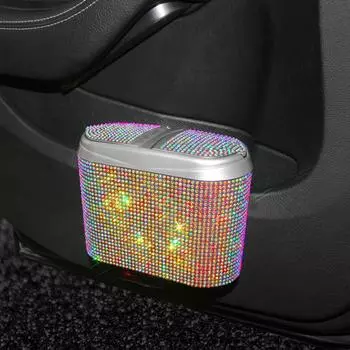 Glitter Diamond Crystal Car Trash Can Bin with Lid Hanging Auto Trash Bag Can Mini Crystal Auto Garbage Waterproof Car Trash Can