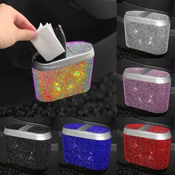 Glitter Diamond Crystal Car Trash Can Bin with Lid Hanging Auto Trash Bag Can Mini Crystal Auto Garbage Waterproof Car Trash Can
