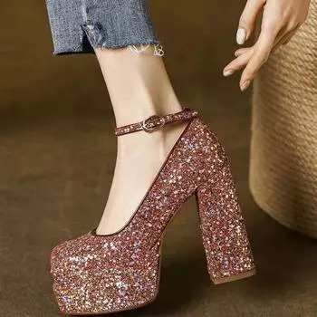 Glitter Sequins Sparkle Golden Silver Closed Toe Women Pumps for Wedding Party Block High Heels Platform Stilettoes 35