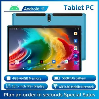 Глобальная версия 10,1-дюймового планшетного ПК на Android, 4 ГБ ОЗУ + 64 ГБ ПЗУ, 1280x800 IPS-экран 5000 мАч, двойная камера, WiFi, 3G SIM-карта, Android11 Standard чёрный