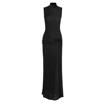 Glossy Black Half Turtleneck Silm Sleeveless Dress Black S