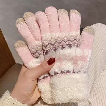 Gloves for Women In Winter Cute Deer Five Fingers Plus Plush Bike Versatile Student Warmth Thickened Touch Screen