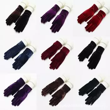 Gloves Thin Women S Retro Golden Velvet Gloves Cold-Proof And Warm Luo Kou Flat Gloves Cycling One size