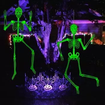 Glow in The Dark Hanging Skeleton for Halloween Indoor Outdoor Horror Decoration Prop Movable Glow Fake Skull Yard Garden Decor