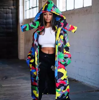 Глянцевая камуфляжная куртка с капюшоном и карманами унисекс, длинное пальто XXL