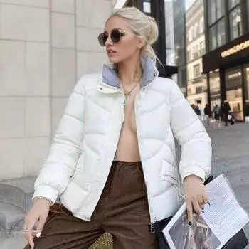 Глянцевая маленькая стеганая куртка женская новинка 2024 года осень-зима короткое пальто корейской версии яркая стеганая куртка M белый