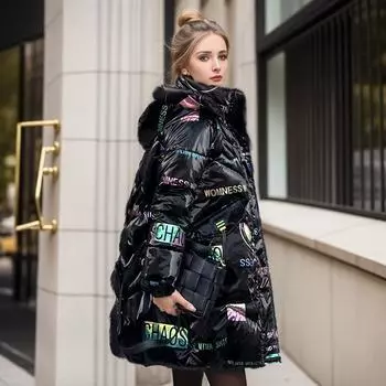 Глянцевая несмываемая хлопковая куртка-пуховик женская, средней и длинной длины, свободная зимняя куртка, куртка-стеганая из хлопка, Annual Tide M чёрный