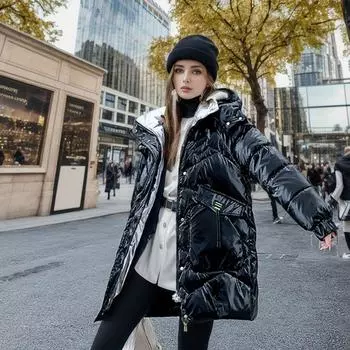 Глянцевая несмываемая хлопковая утепленная одежда женская средняя и длинная корейская версия свободного зимнего пальто хлопковая утепленная куртка 2024 новый тренд M белый