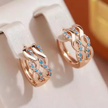 Глянцевые серьги-кольца с двойным пересечением бирюзового циркона, женские повседневные украшения, аксессуары для вечеринок и девочек синий