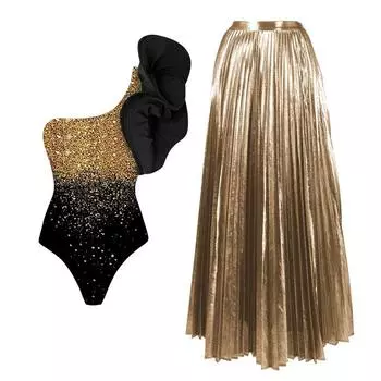 Глянцевый цельный купальник и юбка для женщин, новинка 2024 года, одно плечо, 3D цветок, купальник, женский блестящий монокини, пляжный купальный костюм S