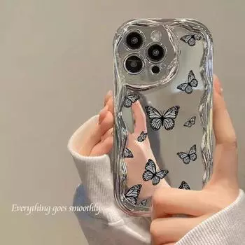 Глянцевый чехол с рисунком бабочки, сердца и любви для iPhone 15, 14 Pro, 13 Pro Max, 12, 11, волнистая рамка, мягкий противоударный чехол для защиты линз и зеркала iPhone 15
