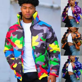 Глянцевый камуфляжный пуховик унисекс с длинными рукавами и карманами на молнии XXXXL оранжевый