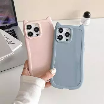 Глянцевый мягкий силиконовый чехол с милым мультяшным 3D кошачьим ухом для iPhone 15 Pro Max 11 13 14 Plus, утолщенный бампер ярких цветов, противоударный чехол For iPhone 15 чёрный