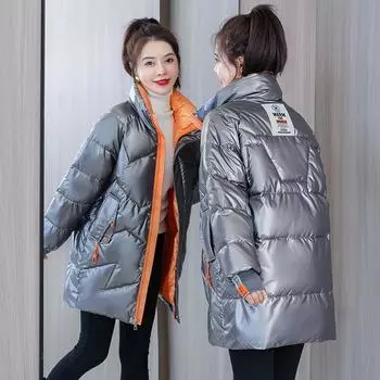 Глянцевый новый пуховик средней длины в зарубежном стиле, зимняя яркая куртка M серый