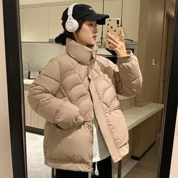 Глянцевый пуховик женский, новинка 2023 года, зимняя хлопковая куртка с воротником-стойкой, свободная тонкая ромбовидная куртка M