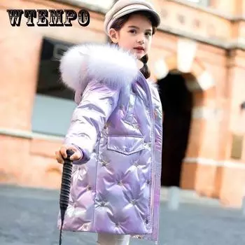 Глянцевый ветрозащитный хлопковый костюм средней длины, теплая зимняя стеганая куртка для девочек 160