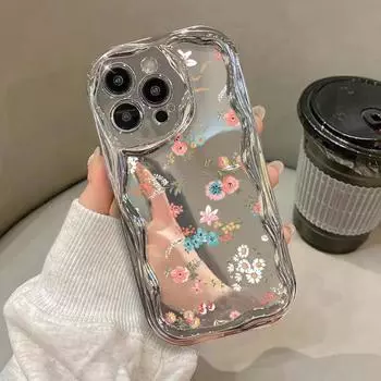 Глянцевый зеркальный чехол с красивым цветочным принтом для iPhone 15 14 Pro 13 Pro Max 12 11 Wave Frame, мягкий противоударный защитный чехол из ТПУ iPhone 15