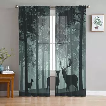 Глубокий лес с оленем Тюлевая оконная занавеска для гостиной, спальни, вуаль, прозрачные шторы, кухонные шторы, занавески 135W x 114H(cm)