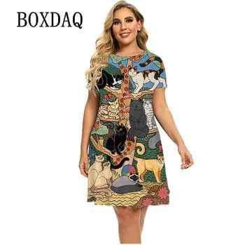 Глубокий лес, животное, кошка, женское платье на лето 2022, платья с короткими рукавами, модное кавайное платье трапециевидной формы, одежда больших размеров S