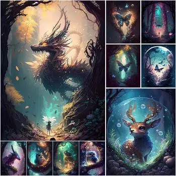 Глубокий лесной зверь Личность DIY Полная дрель Алмазная декоративная картина Full Round 20x30CM