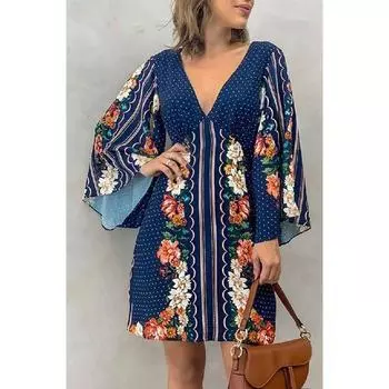 Глубокий V-образный вырез, открытая спина, длинный рукав, сексуальное летнее платье для женщин, элегантное модное повседневное короткое платье с принтом, женское винтажное платье А-силуэта со свободной талией 25917 S тёмно-синий