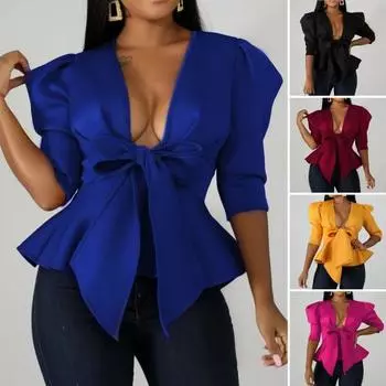 Глубокий v-образный вырез, пышный, с половиной рукавом, сплошной цвет, женское пальто с рюшами на подоле и бантом, повязка с баской, блейзер, рабочая одежда M