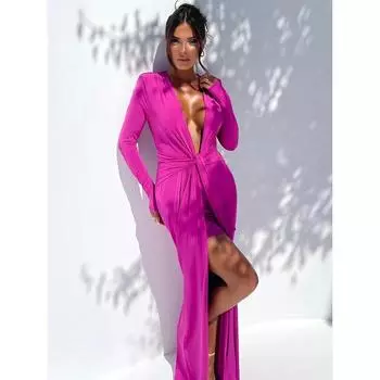 Глубокий V-образный вырез с длинными рукавами и разрезом макси-платье женское элегантное клубное платье осеннее новое облегающее плиссированное сексуальное длинное платье S чёрный