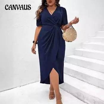 Глубокий V-образный вырез, сексуальное платье большого размера, приталенная мода, короткий рукав, вечернее платье L темно-синий