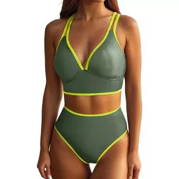 Глубокий V-образный вырез Сексуальный раздельный купальник Перекрещенная спина Контрастный бюстгальтер Шорты с высокой талией Купальник из 2 частей S
