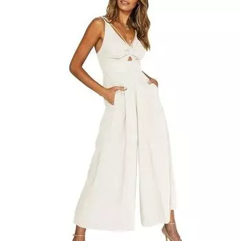 Глубокий V-образный вырез Широкие штанины Глубокая промежность Сплошной цвет Без рукавов Полые карманы Высокая талия Мягкая L синий