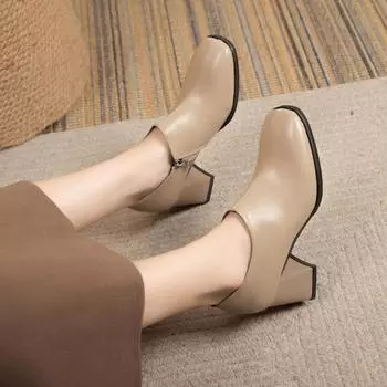 Глубокий вырез, однотонные женские туфли, весна и осень 2024, новые, с боковой молнией, квадратным носком, толстым каблуком, удобные женские мокасины 35 чёрный