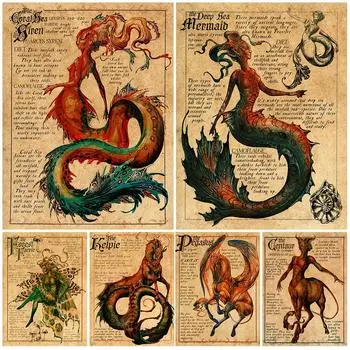 Глубоководная сигнализация и записки русалки Ретро настенная живопись на холсте Половина человека Ипподром и лесной эльф полевой плакат с заметками 21cm30cm NoFrame