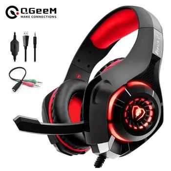 GM-1 Накладные проводные наушники для игр с микрофоном, наушники с 2,1-метровым неспутывающимся шнуром, светодиодная подсветка для студии подкастов чёрный