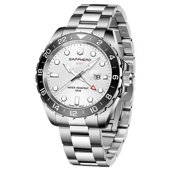 GMT Watch Swiss Quartz Movement Water Resistant to 10 ATM SAPPHERO Watch Dual Time Silver Stainless Steel Strap Silver White Men s Men s Zone,