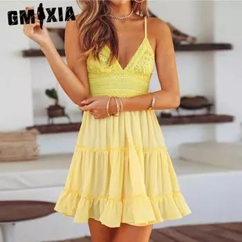 GMXIA 6 Лето Весна Цвет Сексуальное Кружево Холтер Лоскутное Женское Платье Холтер Бантом Платье Принцессы S белый