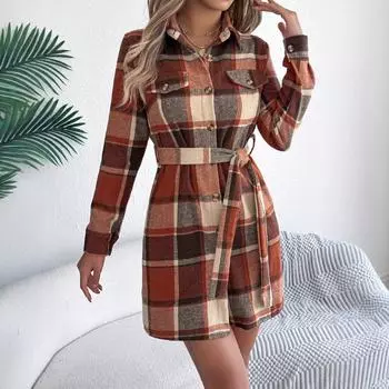 GMXIA Autumn and Winter Casual Checkered Fake Pocket Long-sleeved Lace-up Woolen Shirt Dress for Women Dress S