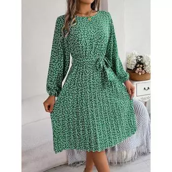 GMXIA Autumn and Winter Casual Long-sleeved Floral Pleated Skirt Women s Wear S