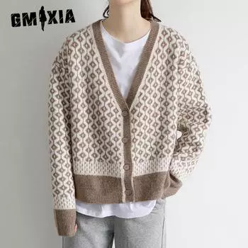 GMXIA Осенне-зимний женский ретро-темперамент Collision Color вязаный кардиган с V-образным вырезом ромбовидной решеткой толстый свободный джемпер пальто One size чёрный