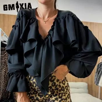 GMXIA Осенний дизайн Sense V-образный вырез длинный рукав однотонная блузка женская S белый