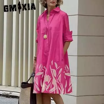 GMXIA Autumn Printed Simple Midi Dresses Sleeve Dresses S