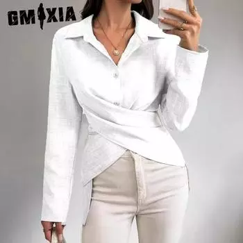 GMXIA Осенняя простая модная однотонная рубашка с одинаковой талией для женщин S белый