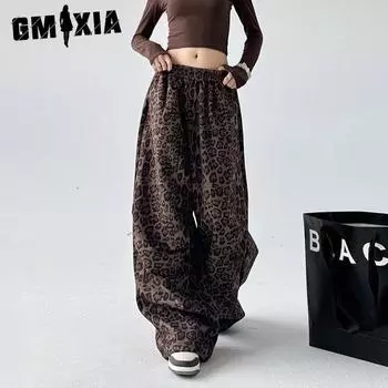 GMXIA Autumn Winter Leopard Print Casual Pants Women s Elastic High Waist Drawstring Loose Slimming Wide Leg Long Pants S цветной печати леопарда