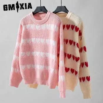 GMXIA Осень-зима Love Жаккардовый свитер Женский свободный повседневный круглый вырез Цветной свитер S розовый