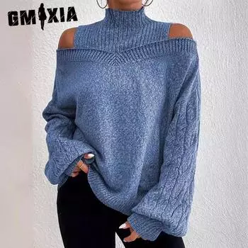 GMXIA Осень-Зима Водолазка с открытыми плечами, женская свободная трикотажная одежда для женщин S серый