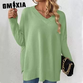 GMXIA Осень-зима свитер-свитер с напуском и V-образным вырезом, повседневный трикотаж с длинными рукавами в стиле пэчворк для женщин S бежевый