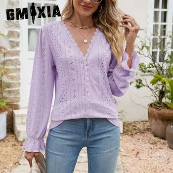 GMXIA Autumn Winter Solid Color Lace Splicing V-neck Long Sleeve Loose T-shirt Top S белый