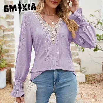 GMXIA Autumn Winter Solid Color Lace Splicing V-neck Long Sleeve Loose T-shirt Top S белый