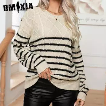 GMXIA Autumn Winter Striped Button-twisted Twist Vintage Long-sleeved Knitted Pullover Sweater for Women S абрикосовый
