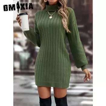 GMXIA Осень-зима Платье-свитер с высоким воротом Свободное повседневное трикотажное платье S хаки