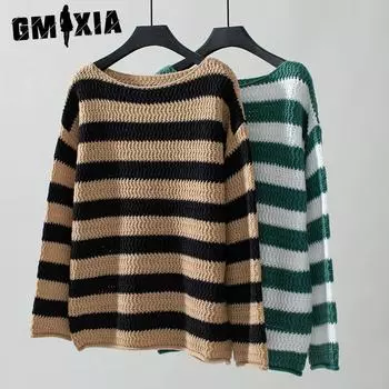 GMXIA Осенне-зимний свитер, свободный повседневный свитер с длинным рукавом и воротником-стойкой, полосатый свитер для женщин S